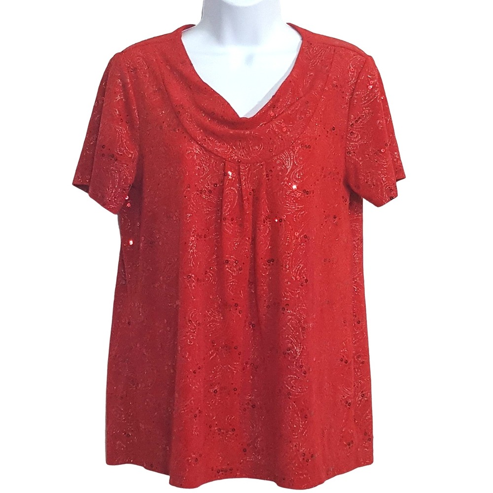 Vintage Womens M Blouse Red Sequin Metallic Stretch Cowl Neck Short sleeve
